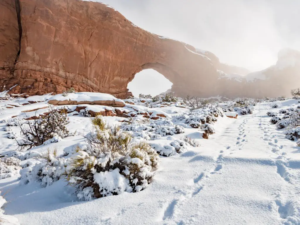 Huellas en la nieve conducen más allá de un arco en el Parque Nacional Arches, Utah.