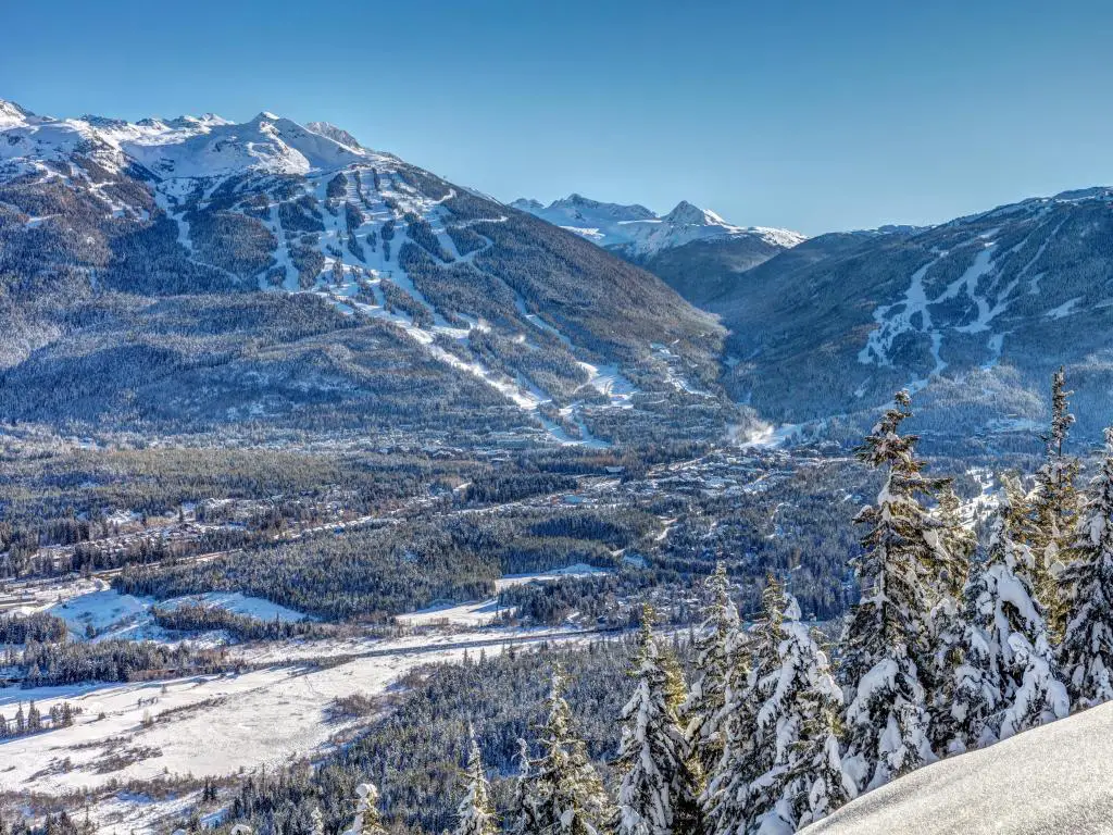 Montañas Whistler y Blackcomb, Canadá tomadas en invierno con nieve que cubre los árboles en primer plano y el valle y las montañas en la distancia, tomadas en un día soleado.