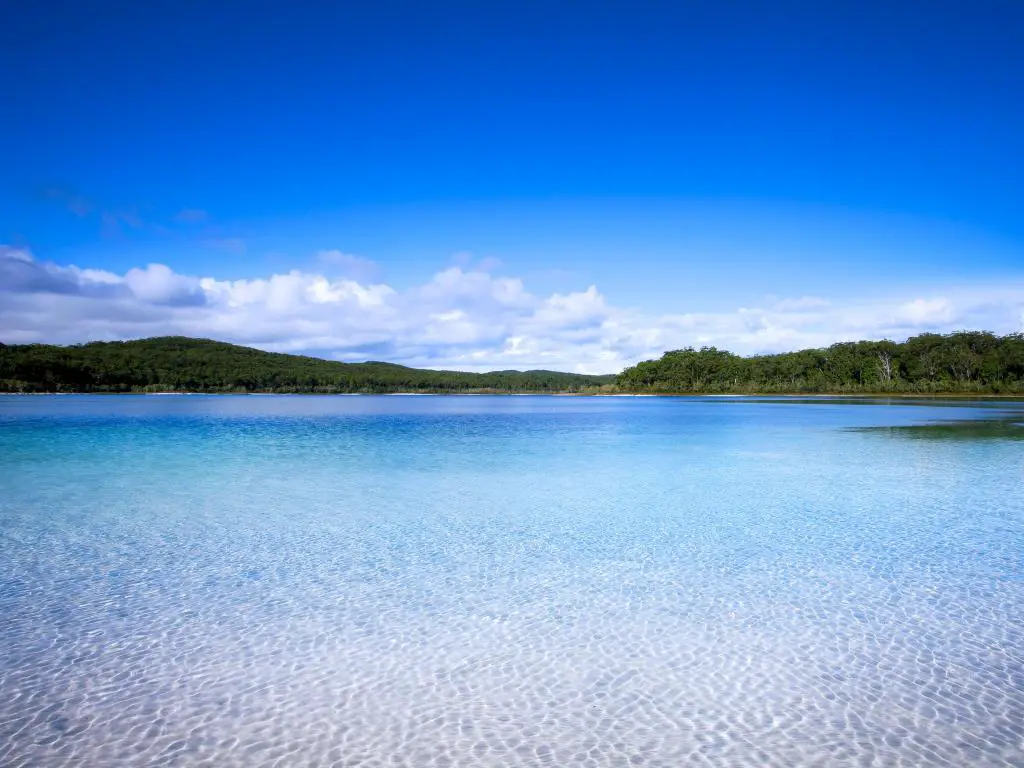 El lago Mackenzie en Fraser Island frente al Sunshine of Queensland es un hermoso lago de agua dulce popular entre los turistas que visitan Fraser Island.  Queensland, Australia.