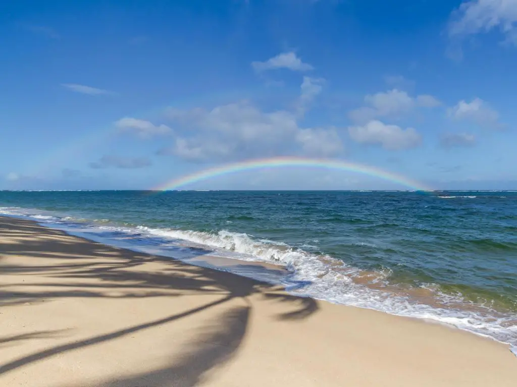 Arco iris doble en la playa sobre el océano en la costa norte de Oahu Hawaii