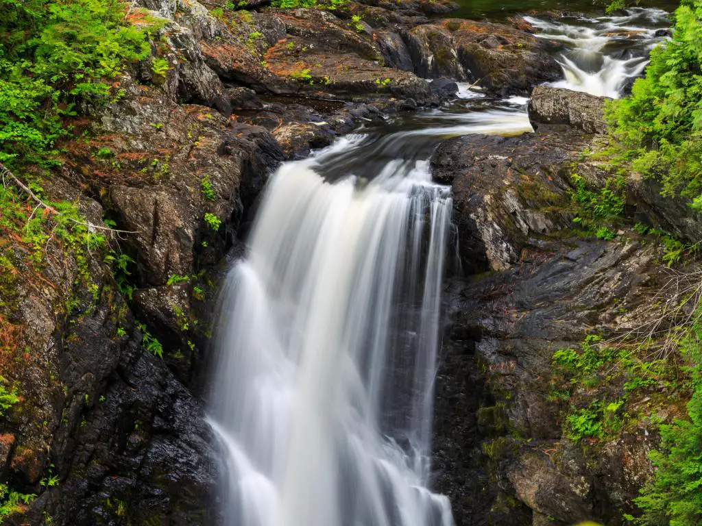 Cascada con exuberante vegetación alrededor de Moxie Falls, Maine