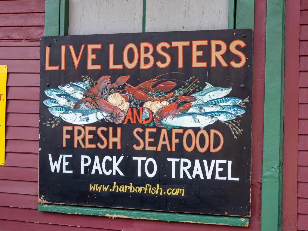 Tienda cartel de pizarra que vende langostas vivas en Portland, Maine