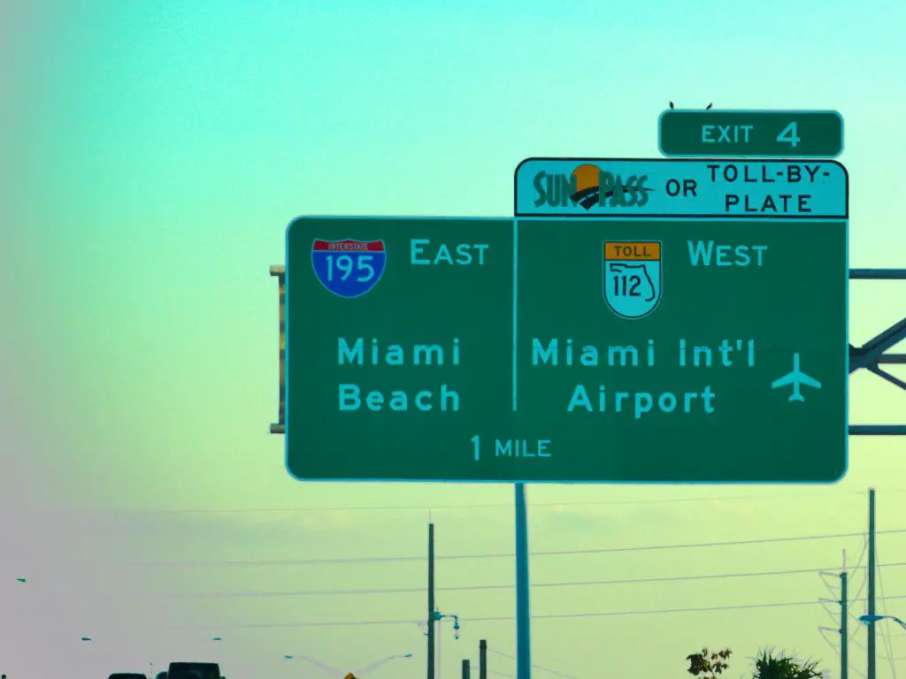 Una imagen que muestra un cartel verde del Aeropuerto Internacional de Miami y otra que muestra Miami Beach