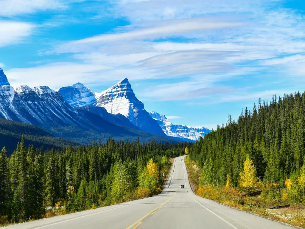 Scenic Highway 93 en Alberta pasando por bosques y montañas entre los Parques Nacionales de Banff y Jasper.