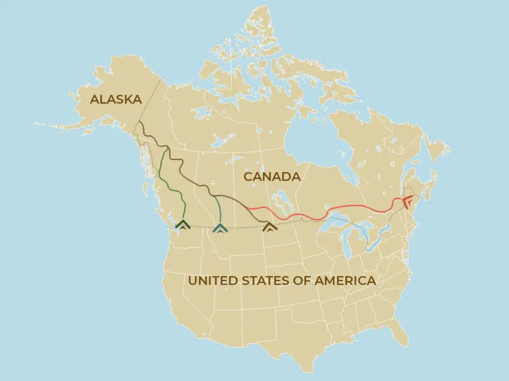 Mapa de las 4 formas diferentes de conducir a Alaska desde los Estados Unidos dependiendo de dónde empieces