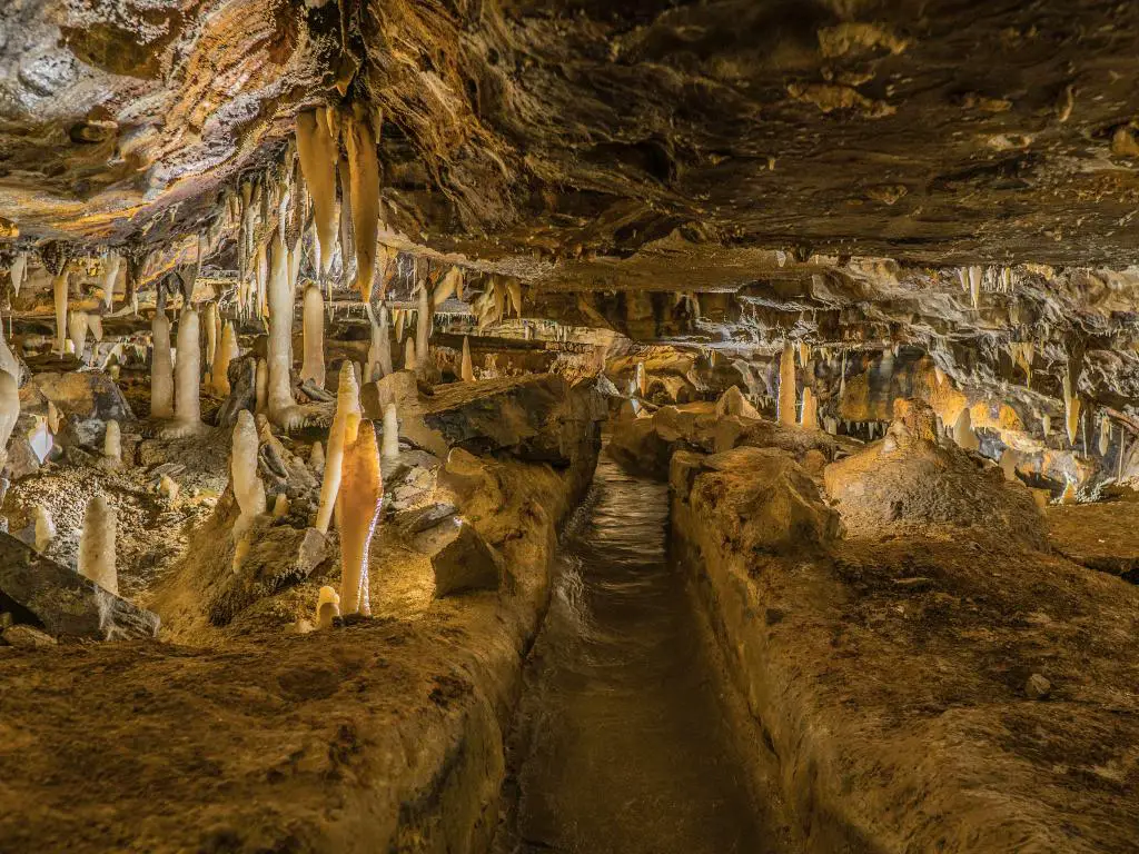 Un camino a través del complejo de cuevas de las Cavernas de Ohio con formaciones rocosas de estalactitas y estalagmitas