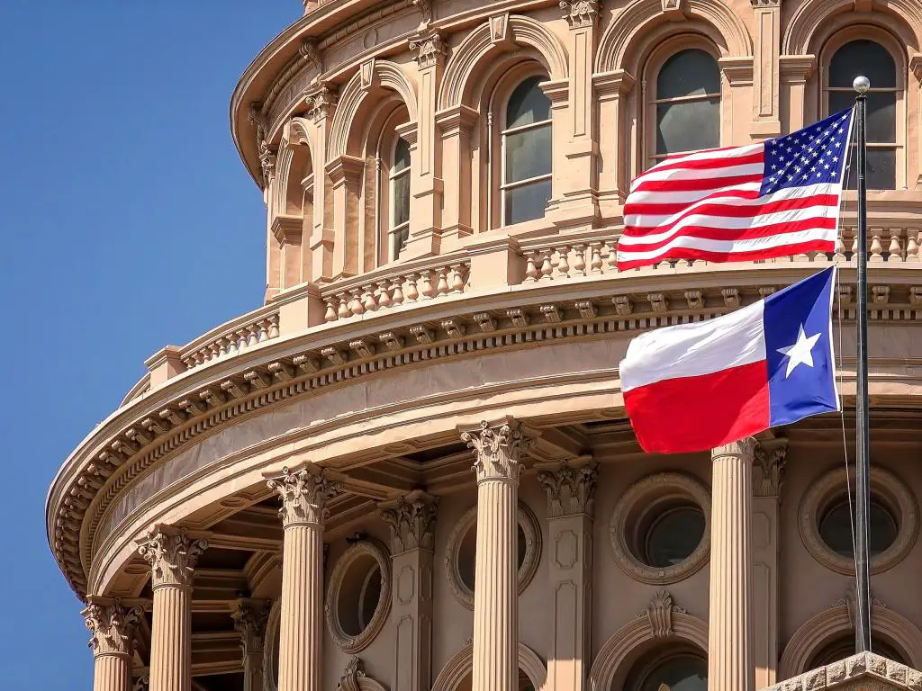 Banderas estadounidenses y del estado de Texas en el edificio del capitolio del estado de Texas en Austin