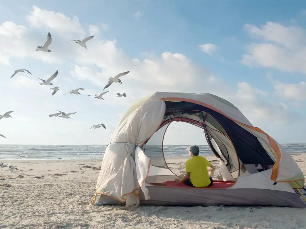 Persona que se relaja en una carpa de playa en la Costa Nacional de la Isla del Padre con gaviotas voladoras