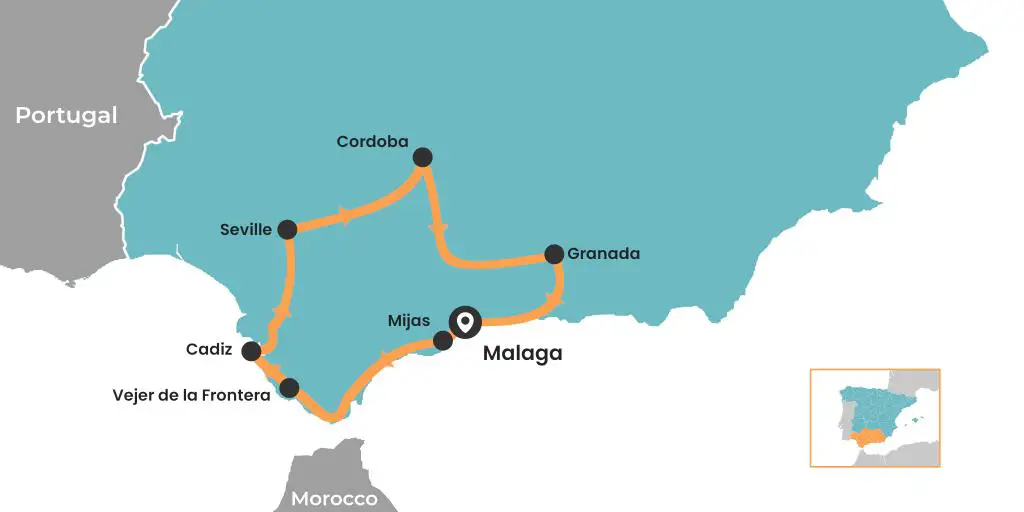 Ruta por Andalucía con inicio y final en Málaga - mapa
