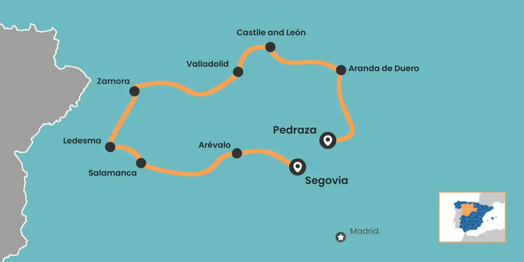 Mapa del viaje por carretera de Castilla y León desde Segovia a Salamanca, Valladolid y valle del Duero