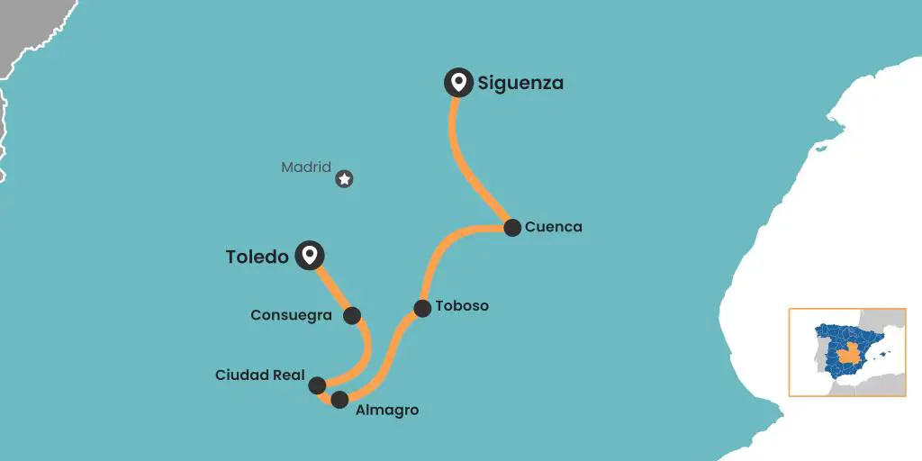 Castilla - La Mancha mapa de viaje por carretera a través de España que cubre ciudades históricas y molinos de viento