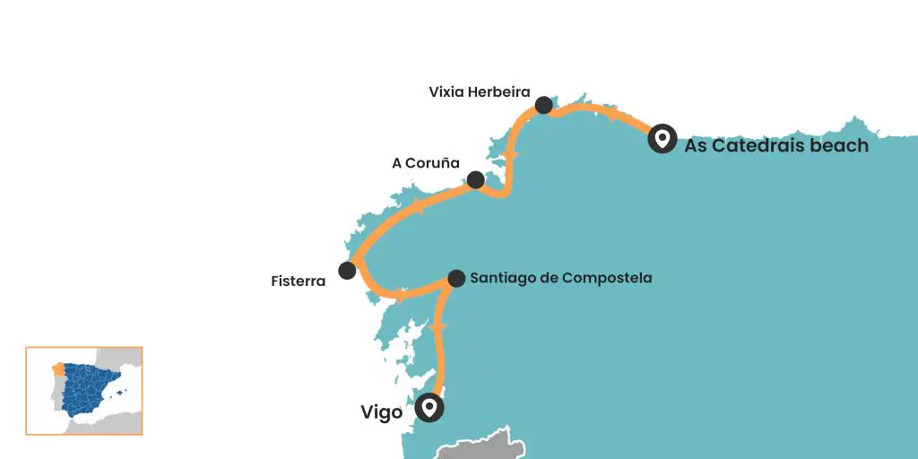 Mapa del viaje por carretera de Galicia: el camino costero de la esquina noroeste de España