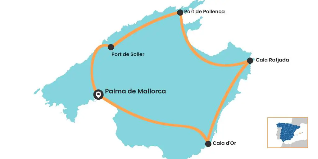Mapa del road trip de Mallorca por la isla con inicio y final en Palma de Mallorca