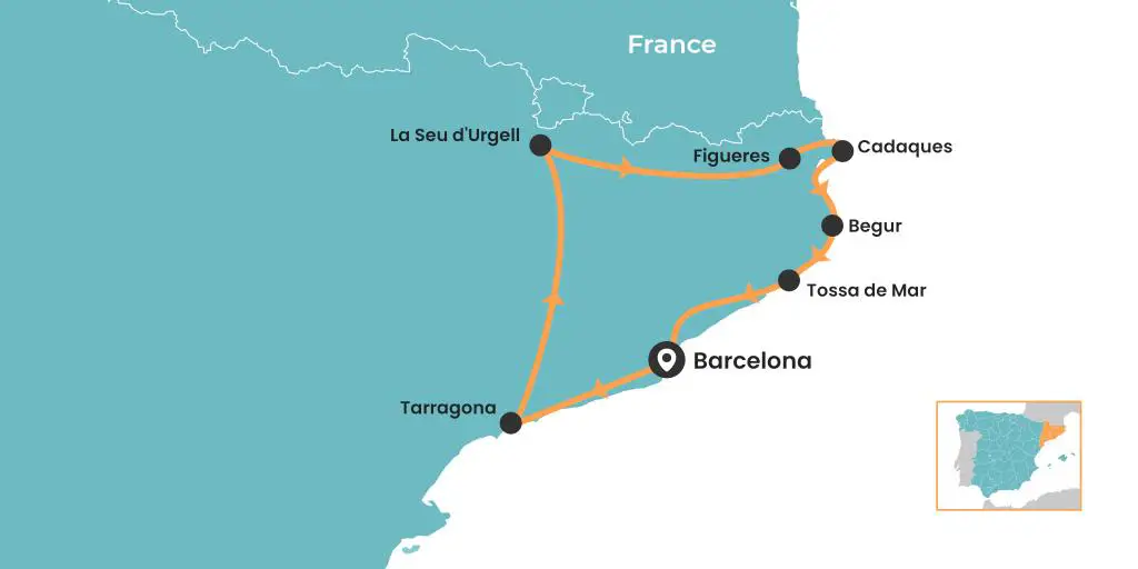 Ruta por Cataluña con inicio y final en Barcelona - mapa