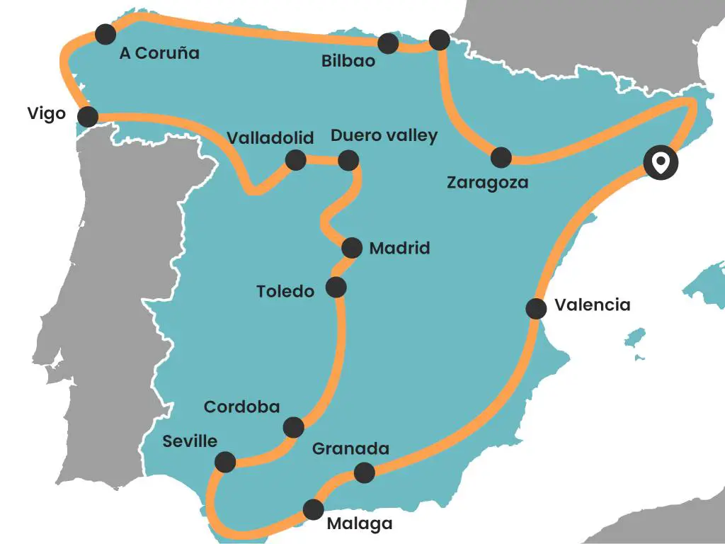 Un mapa de viaje por carretera de España de un mes de duración que cubre todos los lugares de interés clave, ciudades históricas y naturaleza increíble
