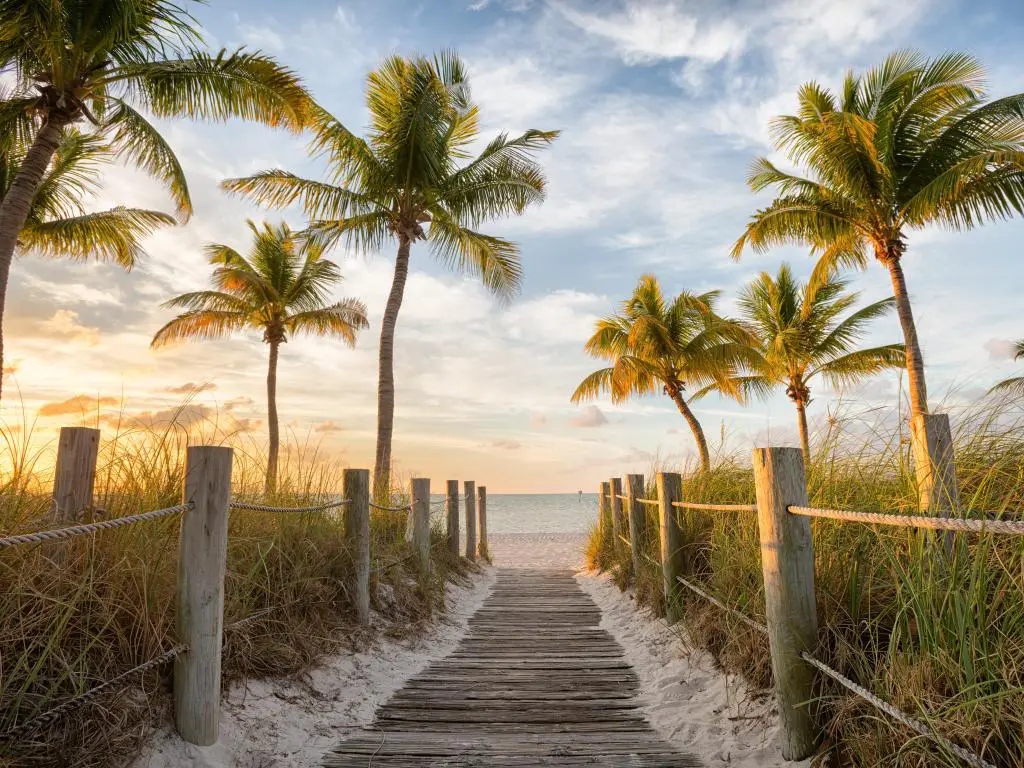 Amanecer en Smathers Beach en Key West, pasarela de madera que conduce a la arena con palmeras a ambos lados