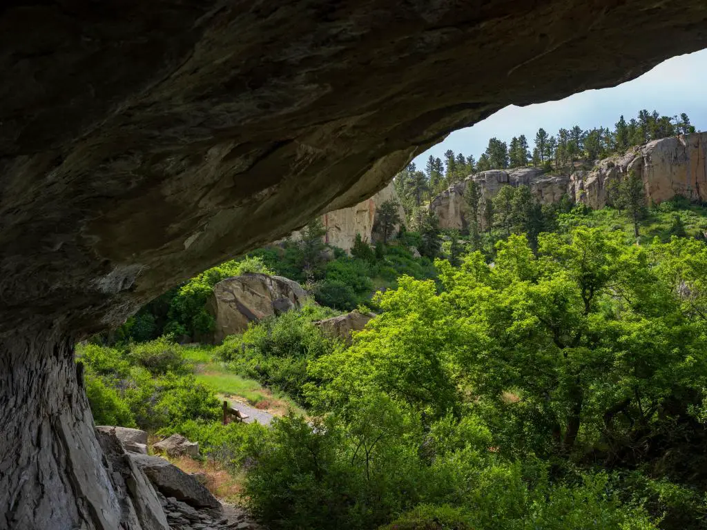 Pictograph Cave, Montana, EE.UU. con rocas con vistas a árboles y acantilados en un día soleado.