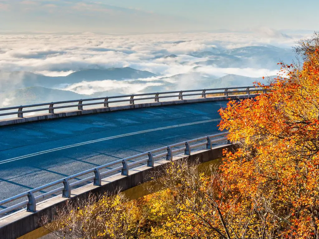 Blue Ridge Parkway, NC, EE.UU. con vistas al viaducto de Linn Cove y al valle durante el otoño. 