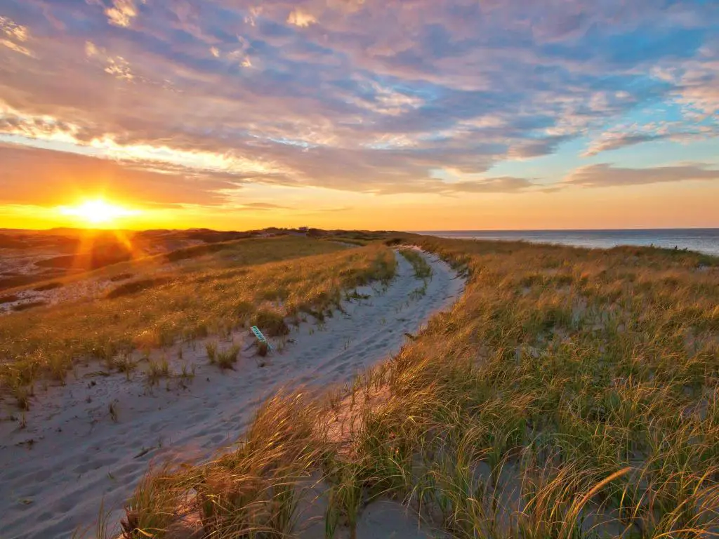 Cape Cod National Seashore, MA, EE.UU. con vistas a un camino de dunas al atardecer a lo largo de Cape Cod National Seashore.