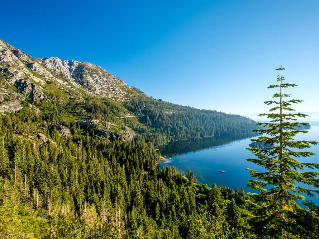 Lake Tahoe, California, EE.UU. paisaje con árboles que bordean el impresionante lago, montañas y contra un cielo azul claro.