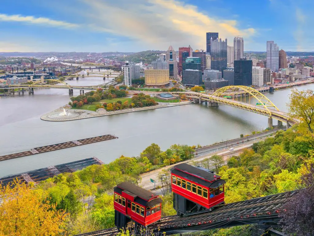 Pittsburgh, Pensilvania, EE. UU. Horizonte del centro de Pittsburgh, Pensilvania al atardecer en EE. UU. con la inclinación funcionando en primer plano.