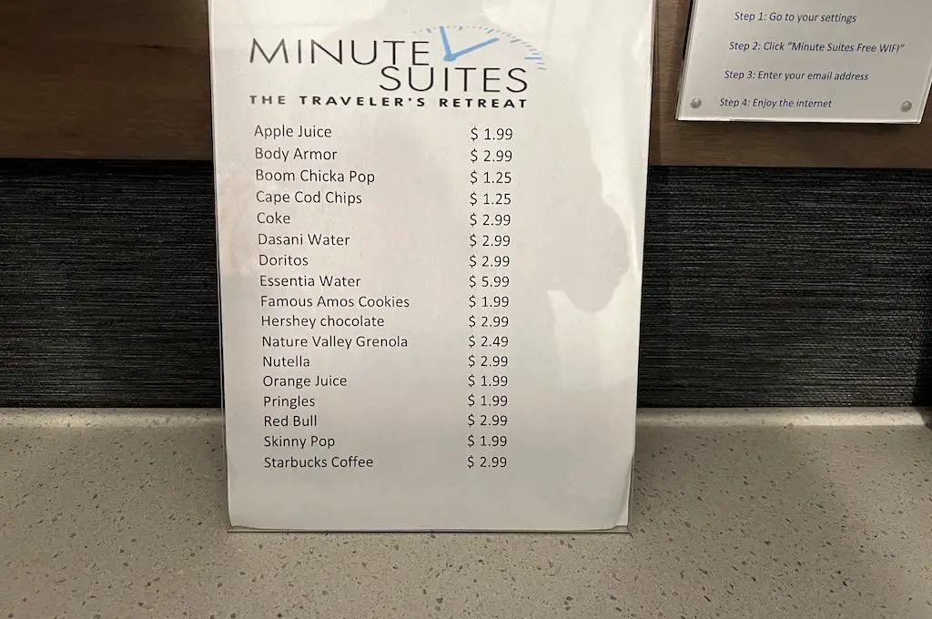 Precios de bebidas snack de Minute Suites