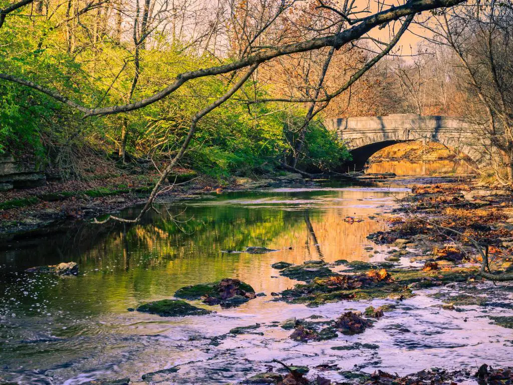 Louisville, Kentucky, EE.UU. tomada en el puente de piedra sobre Beargrass Creek en Seneca Park con árboles que rodean el río.
