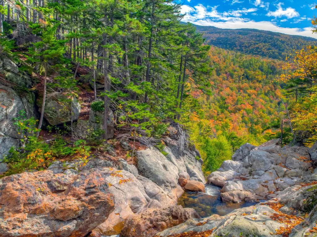 Glen Ellis Falls, Jackson, New Hampshire, EE.UU. con follaje otoñal en el bosque, con el comienzo de una cascada, rodeada de árboles en un día soleado.