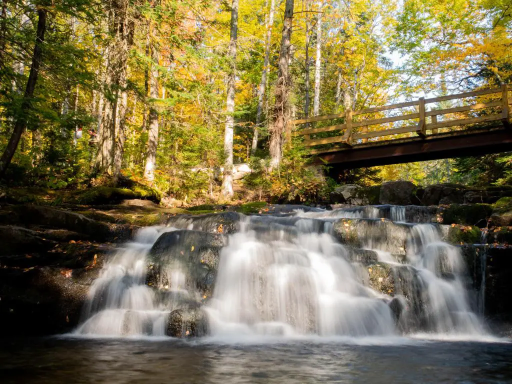 Parque nacional Mont-Megantic, Canadá, tomada durante el otoño con vistas a una cascada en un bosque, un puente arriba y agua en primer plano.