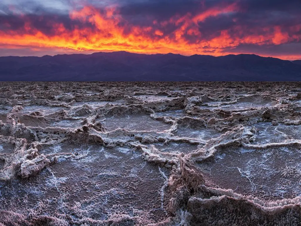 Parque Nacional del Valle de la Muerte, California, EE. UU. con una puesta de sol ardiente sobre Badwater, el punto más bajo de los EE. UU. y terreno seco en primer plano.
