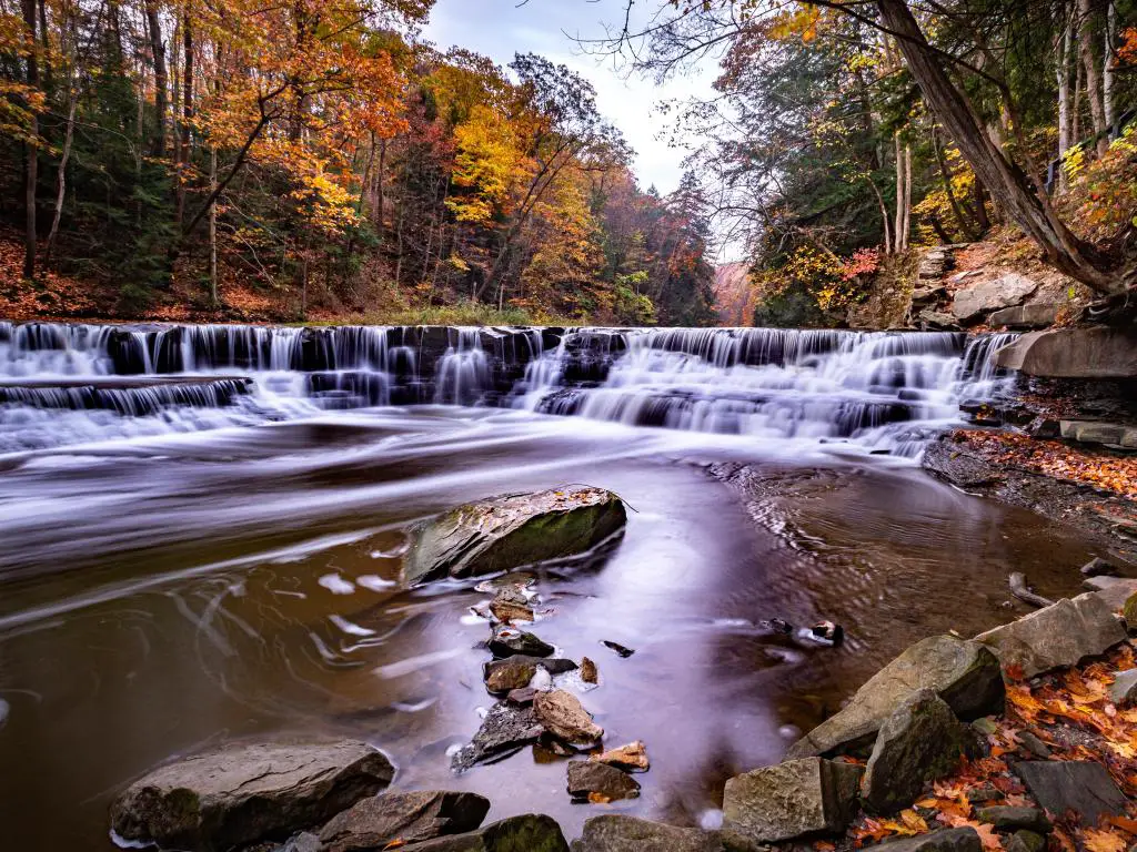 Parque Nacional del Valle de Cuyahoga, EE. UU. Con un río de carga tomado durante el otoño, cascadas en el fondo y árboles dorados.