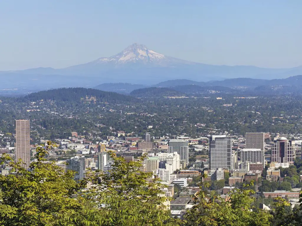 Portland, Oregón, EE.UU. con el paisaje urbano y el paisaje del centro de la ciudad con Mount Hood y árboles en primer plano tomados en un día soleado.