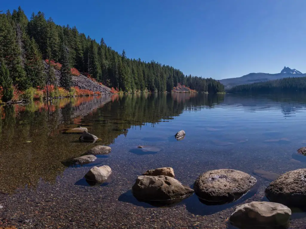 Lake Marion, Carolina del Sur, EE. UU. Con Three-Fingered Jack en el fondo en un tranquilo día de otoño, grandes rocas en el agua en primer plano y árboles que bordean la orilla.