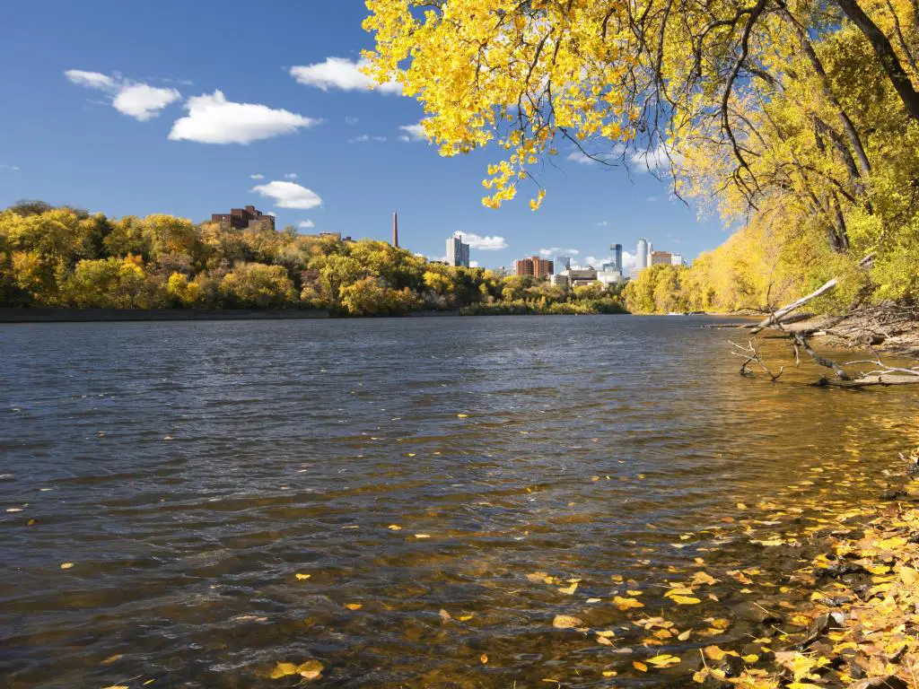 Río Mississippi, Minnesota, EE.UU. con árboles en colores otoñales a lo largo del río y el horizonte de Minneapolis en la distancia. 