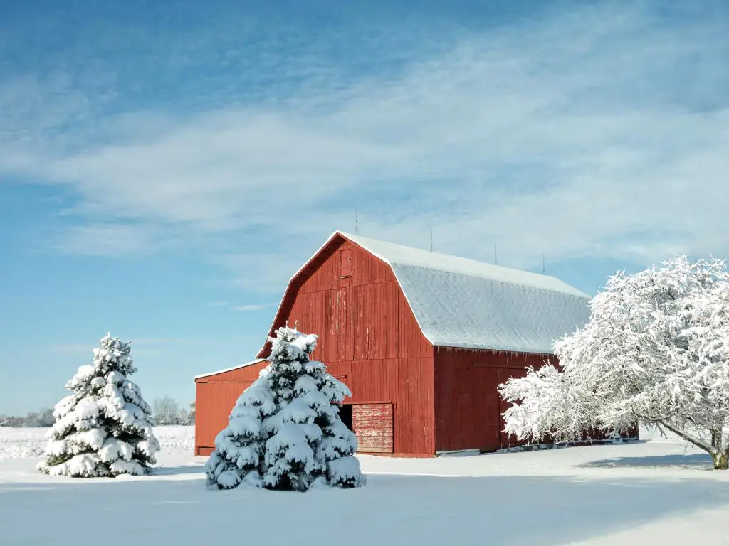 Un granero rojo rústico en Ohio cubierto de nieve fresca con un fondo de cielo azul brillante