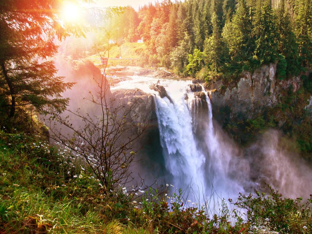 Snoqualmie Falls, Estado de Washington, EE. UU. Con el sol de la mañana asomándose a través de los árboles y una impresionante cascada rodeada de árboles densos. 