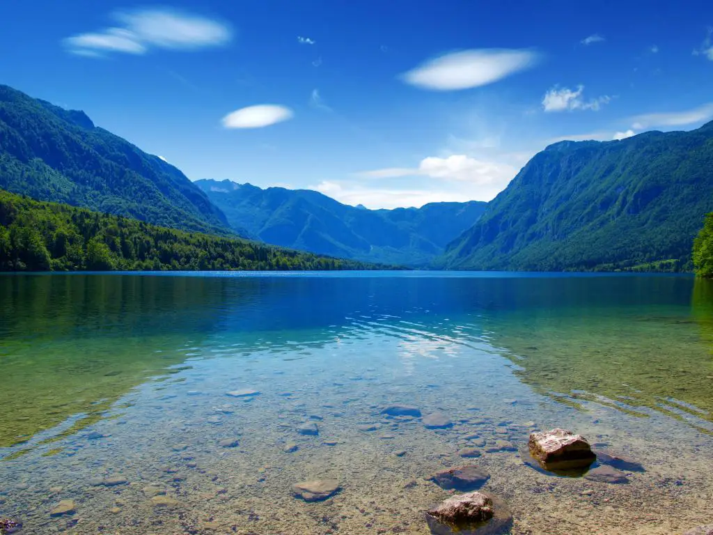 Parque Provincial Golden Ears, BC, Canadá con un lago tranquilo en primer plano y montañas en la distancia que se reflejan en el agua en un día claro y soleado.