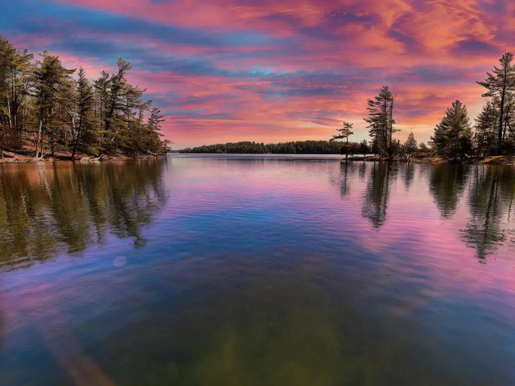 Parque Provincial del Lago Charleston, Ontario, Canadá, tomada durante unas impresionantes puestas de sol con aguas tranquilas en primer plano y árboles que bordean las costas en el fondo. 