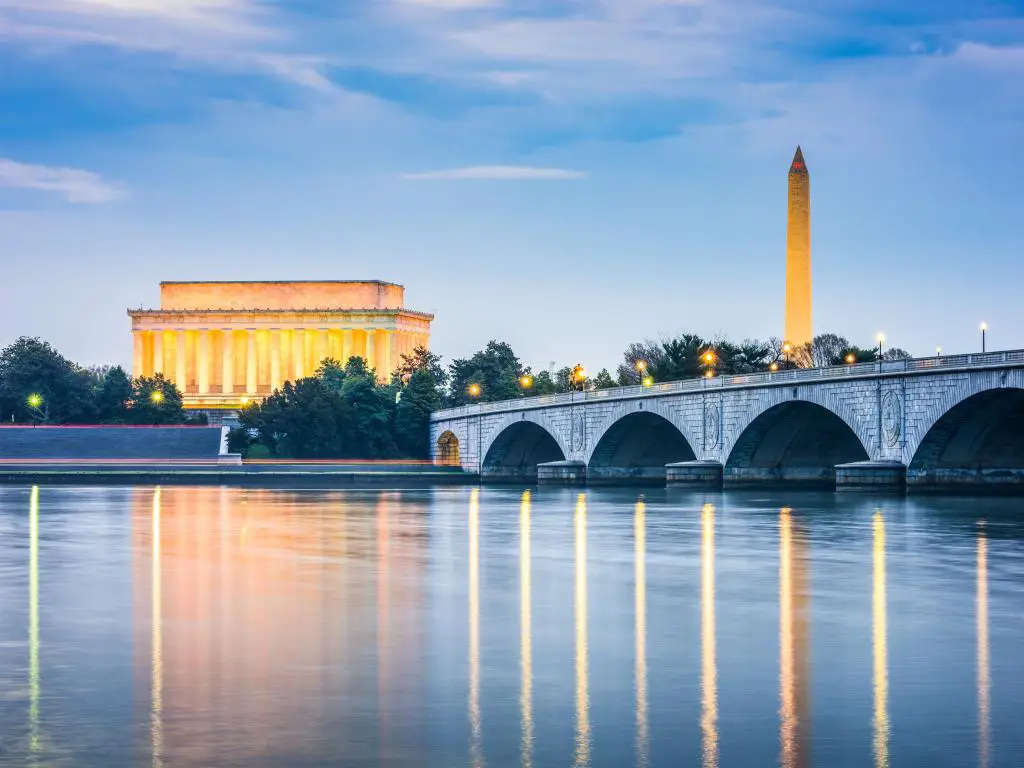 Horizonte de Washington DC, EE.UU. a primera hora de la tarde con reflejos en el río Potomac en primer plano.