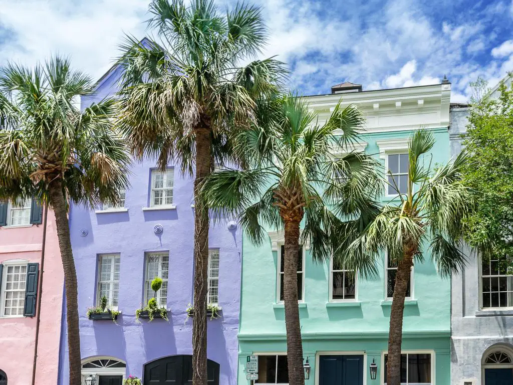 Palmeras frente a casas históricas de colores pastel en Rainbow Row, Charleston