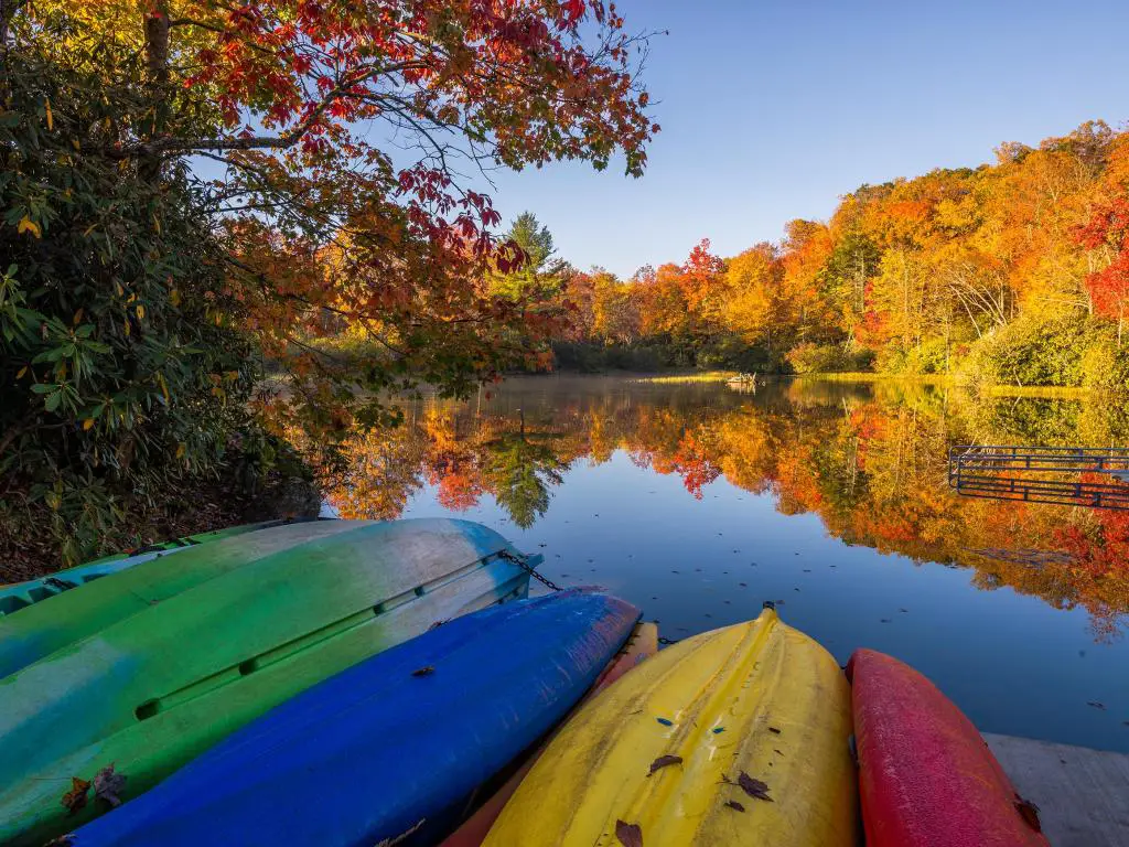 Kayaks boca arriba en diferentes colores, junto a un lago rodeado de árboles de colores otoñales