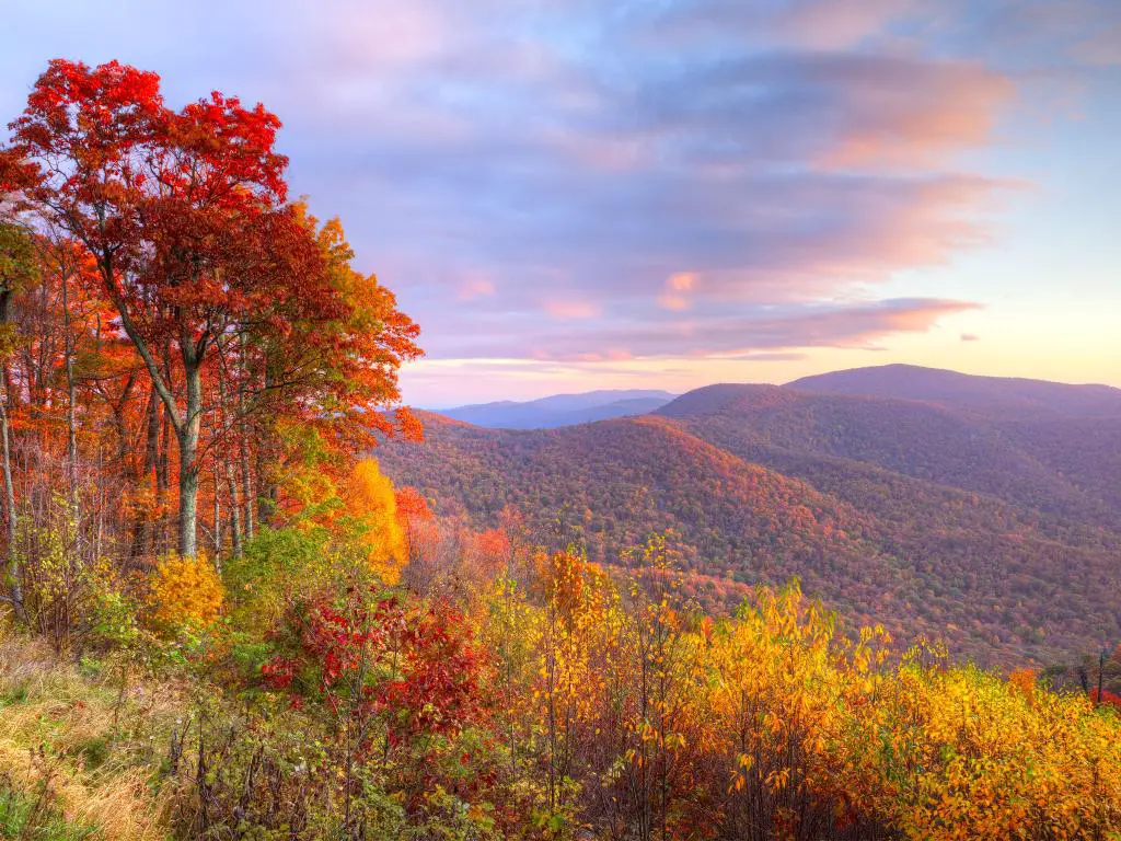 Colores de otoño sobre las laderas de las montañas iluminadas por la luz del amanecer