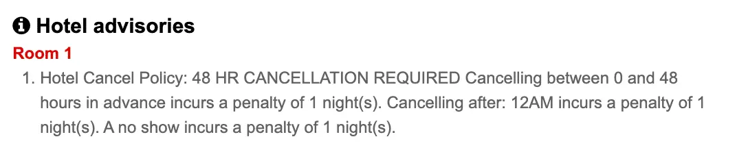 Captura de pantalla de la política de cancelación de un hotel