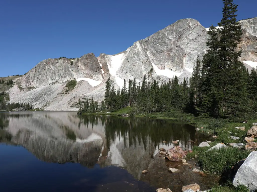 Lago con abetos y montaña reflejada en aguas tranquilas