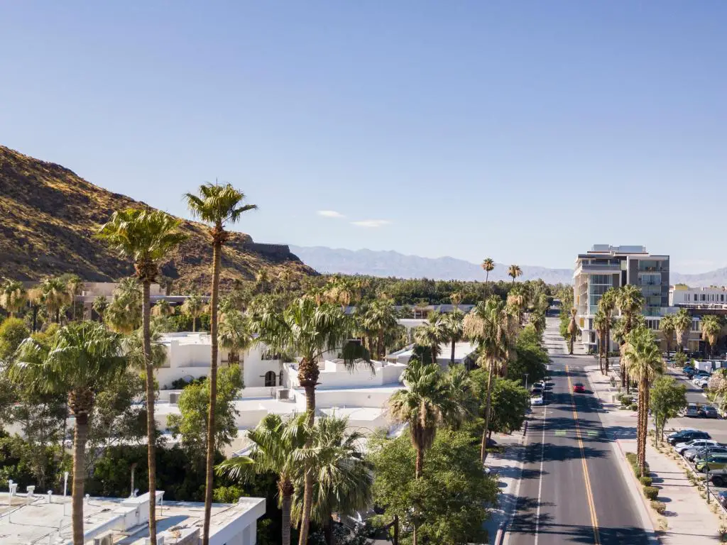 Vista aérea de Palm Springs del centro de la ciudad con palmeras que bordean las calles y montañas distantes en el fondo.