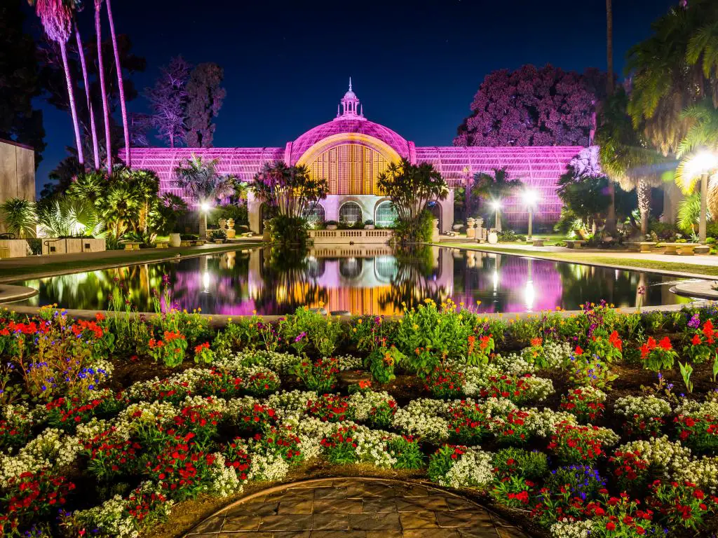 Un edificio botánico iluminado de color púrpura con diferentes variedades de flores en rojo, blanco, violeta y azul y palmeras que rodean el agua en Balboa Park, San Diego, California 