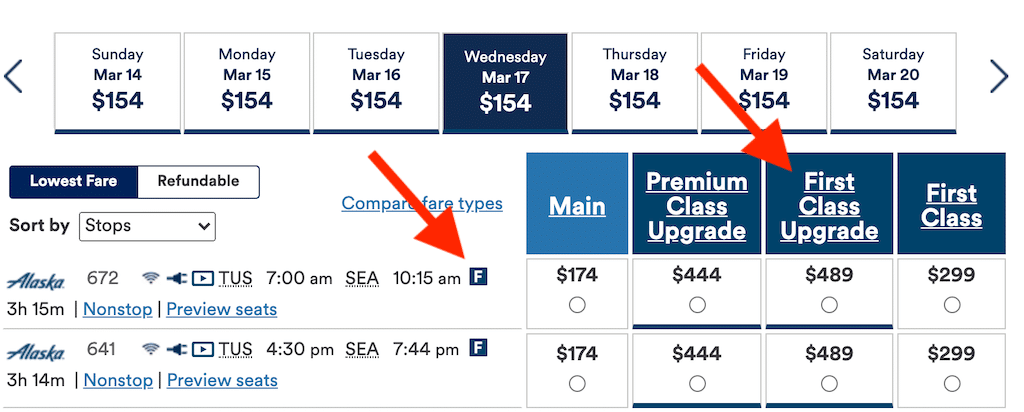 Captura de pantalla del sitio web de Alaska que muestra los precios de actualización.