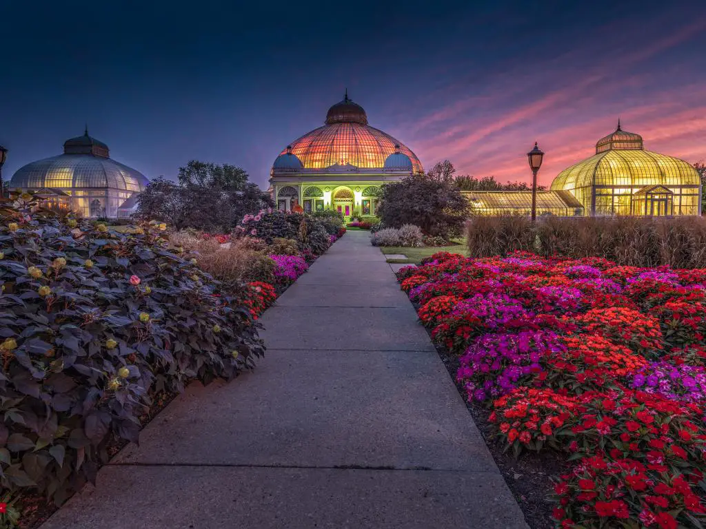 Una vista pintoresca de los jardines botánicos del condado de Buffalo y Erie iluminados después de la puesta del sol y flores vibrantes en el camino frente al jardín