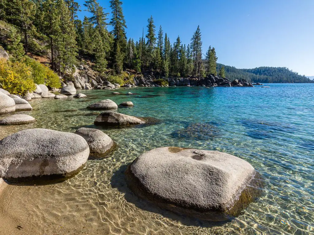 Costa del lago Tahoe con rocas y pinos en California.