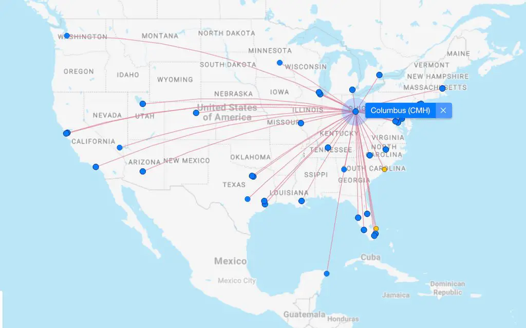 Mapa de rutas de vuelos directos desde el Aeropuerto Internacional John Glenn Columbus